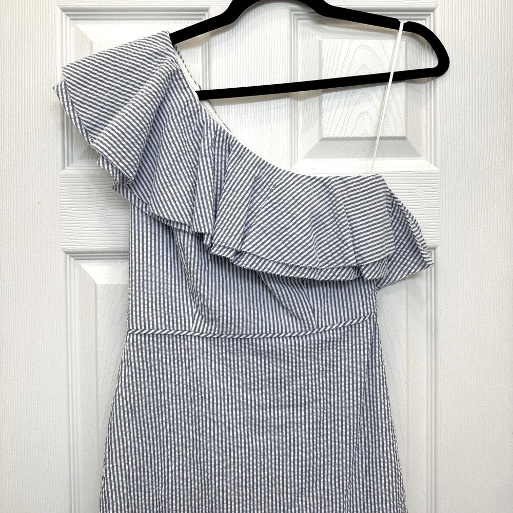 J. Crew Seersucker Striped Blue and White One Shoulder Ruffle Dress NWT Size 00